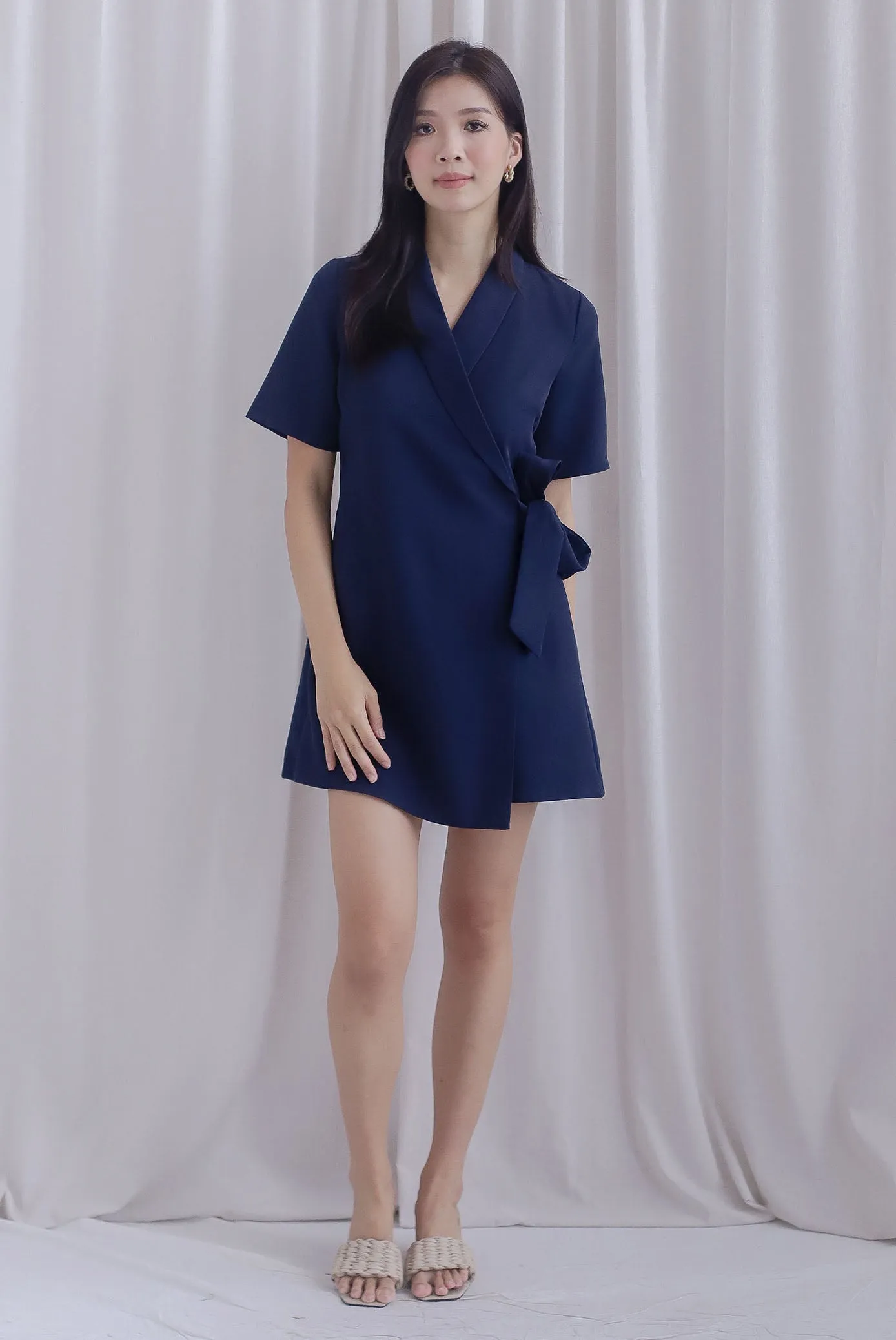 Oren Lape Collar Wrap Overlap Romper In Navy Blue