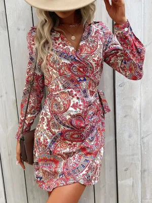 Paisley Print Wrap Mini Dress with Lace-Up Detail