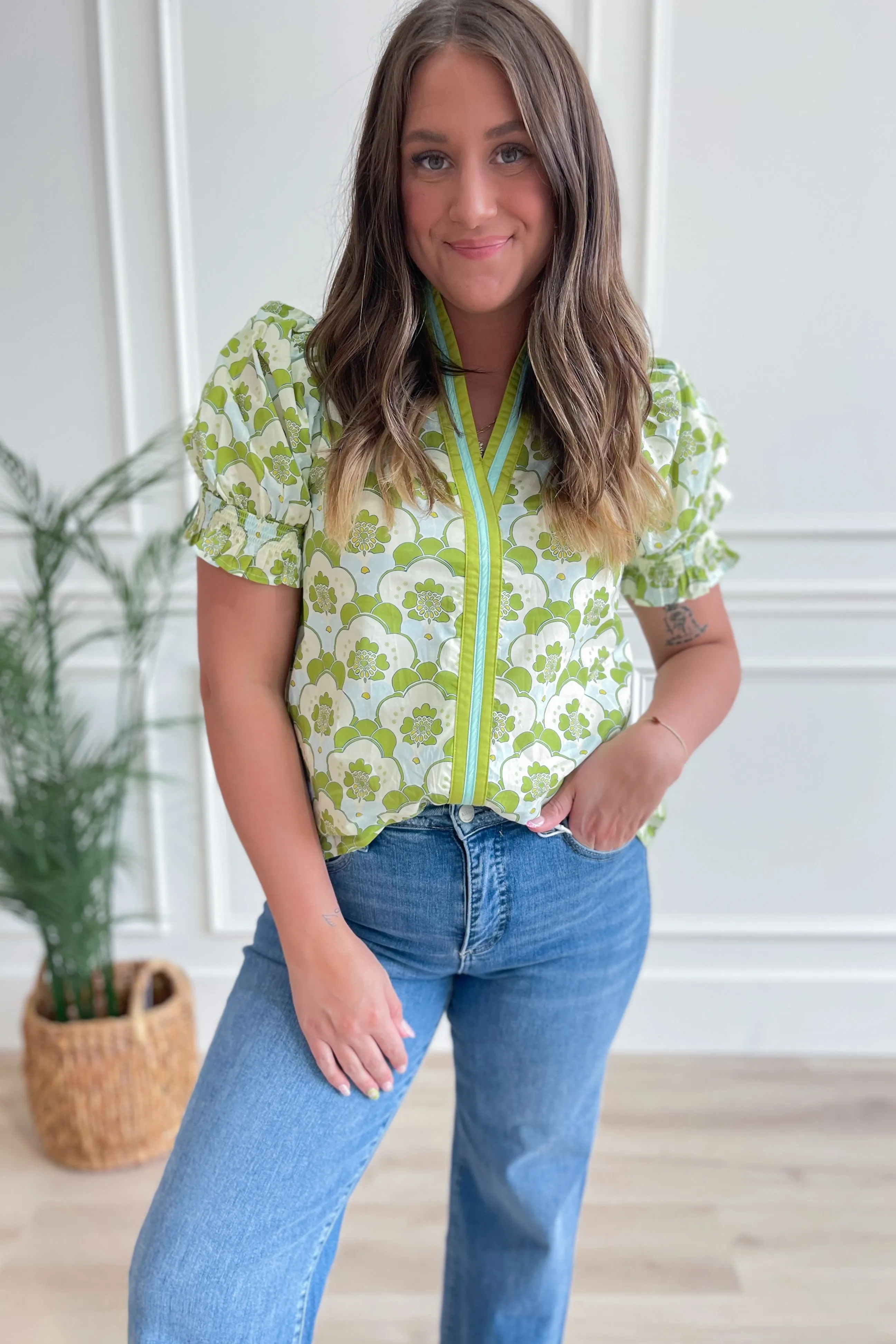 Pamela Abstract Puff Sleeve Top