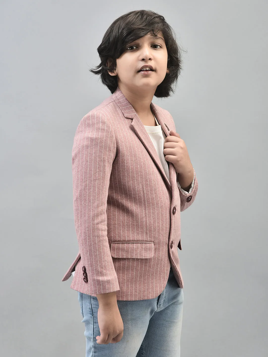 Peach Striped Single Breasted Blazer