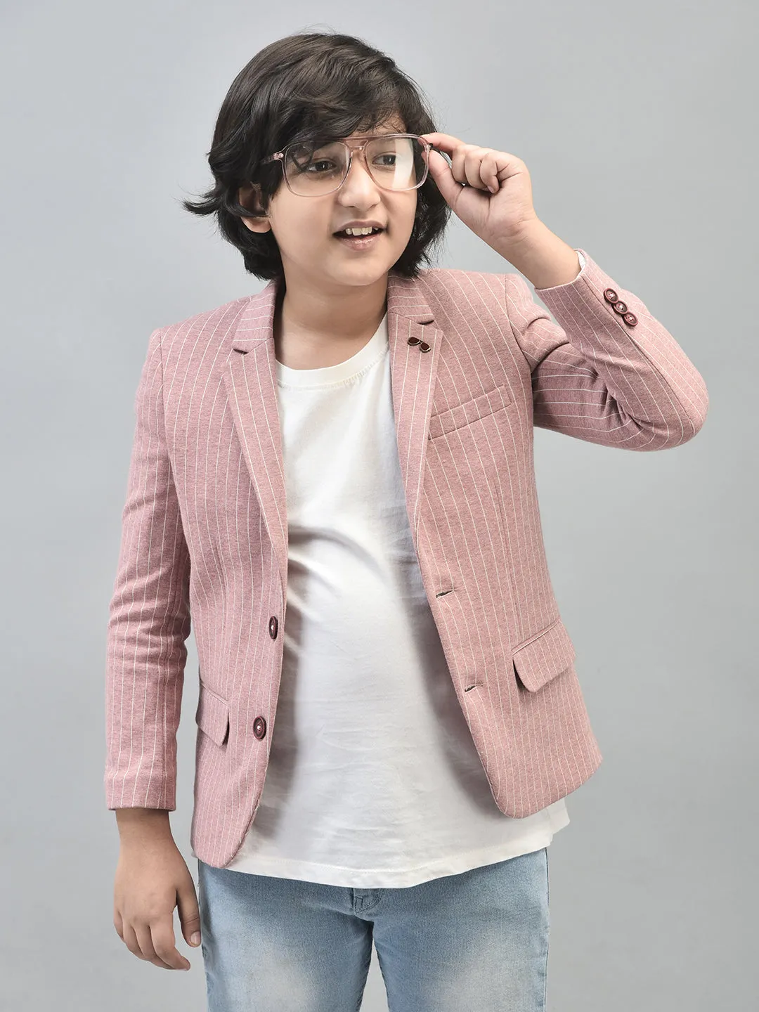 Peach Striped Single Breasted Blazer