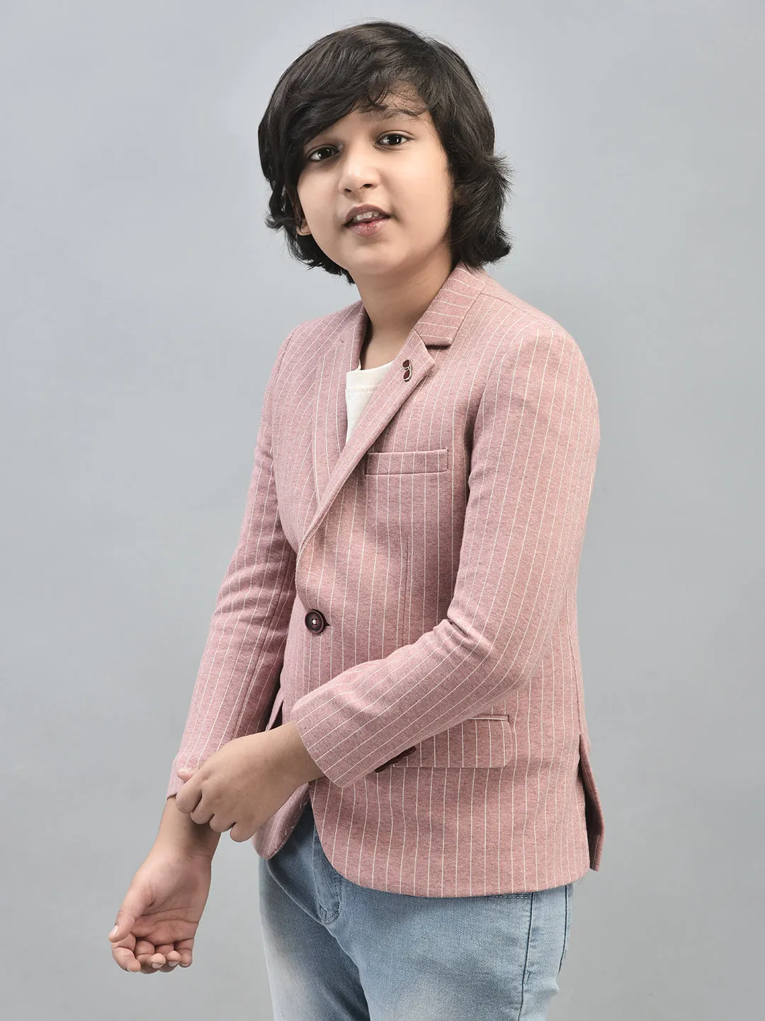 Peach Striped Single Breasted Blazer