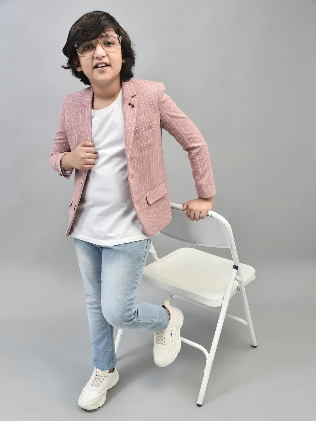 Peach Striped Single Breasted Blazer