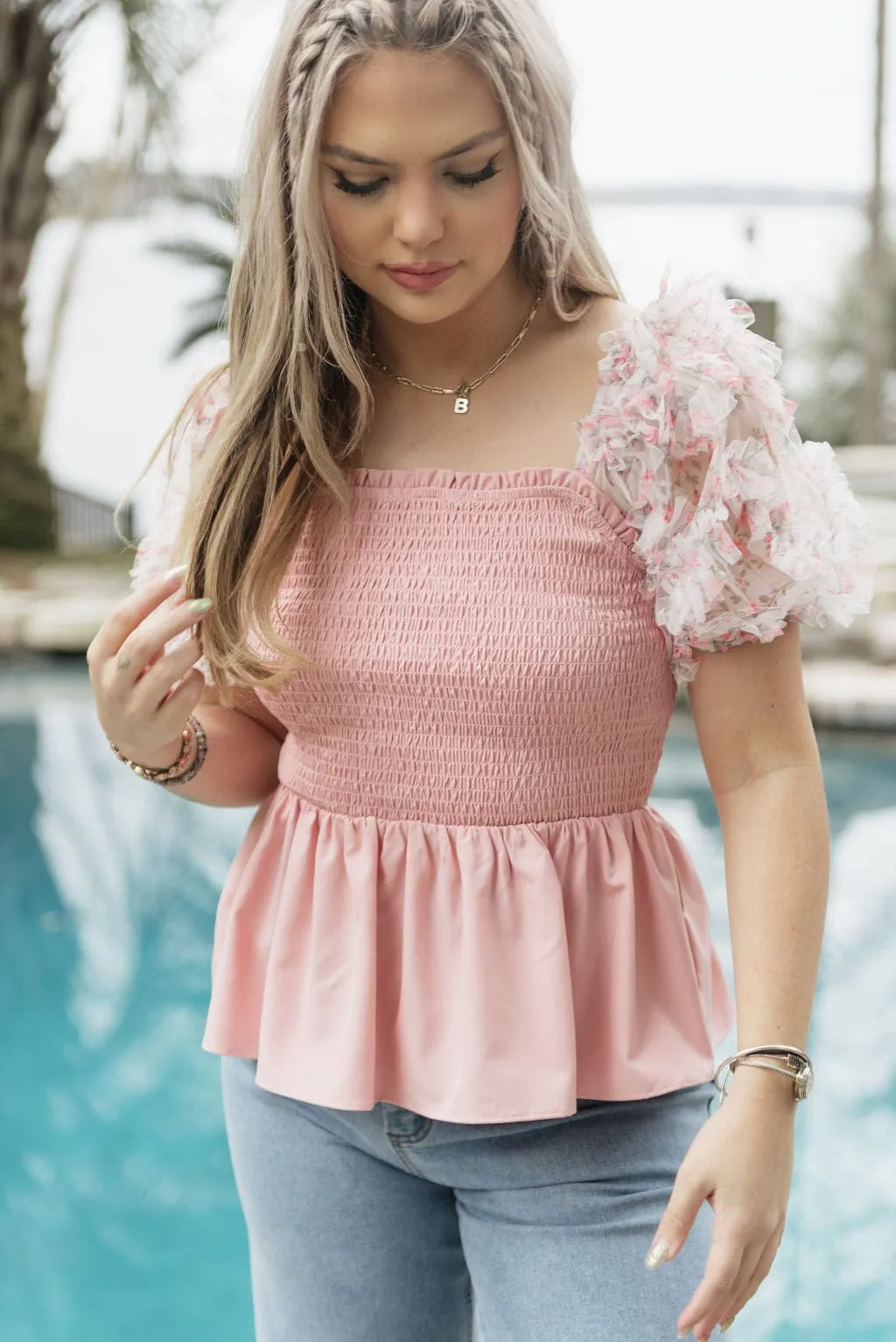 Pink Floral Puff Sleeve Smocked Top