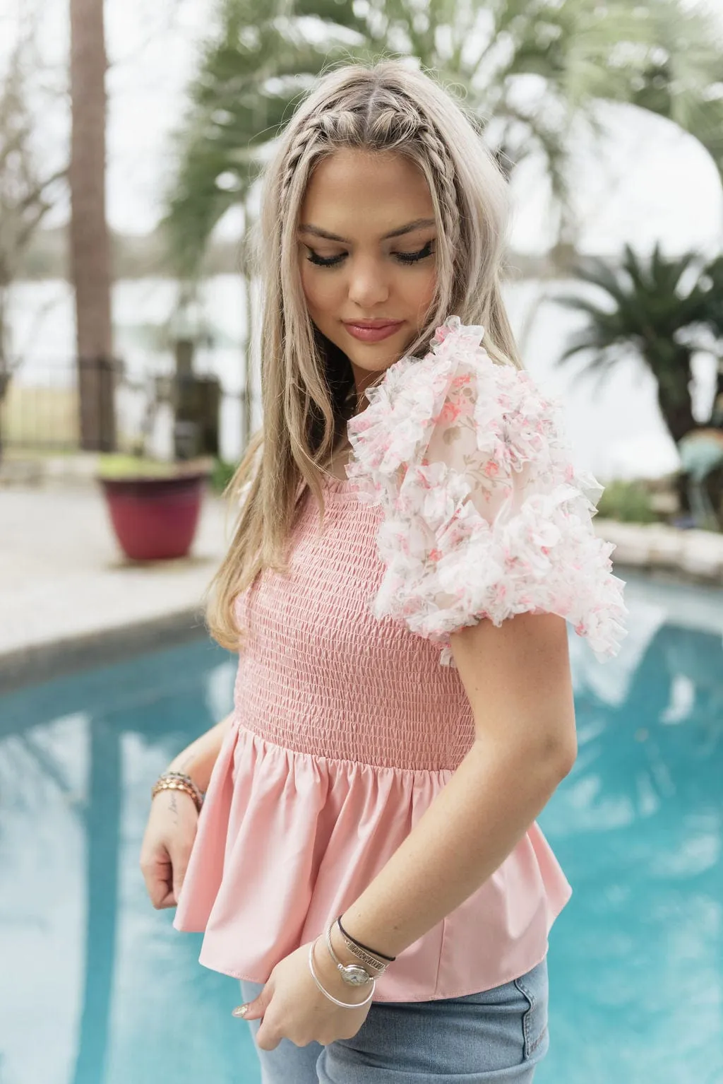Pink Floral Puff Sleeve Smocked Top