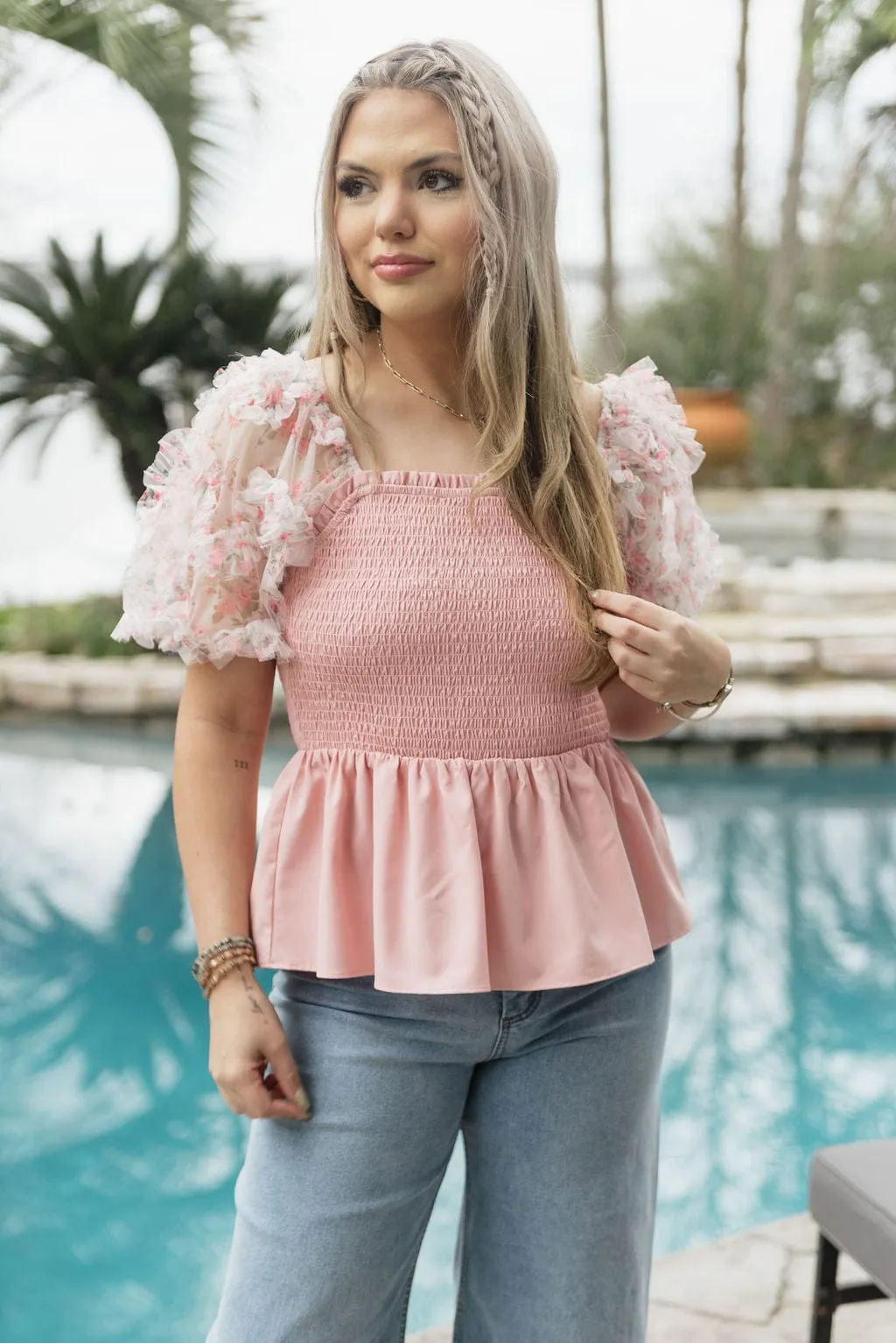 Pink Floral Puff Sleeve Smocked Top