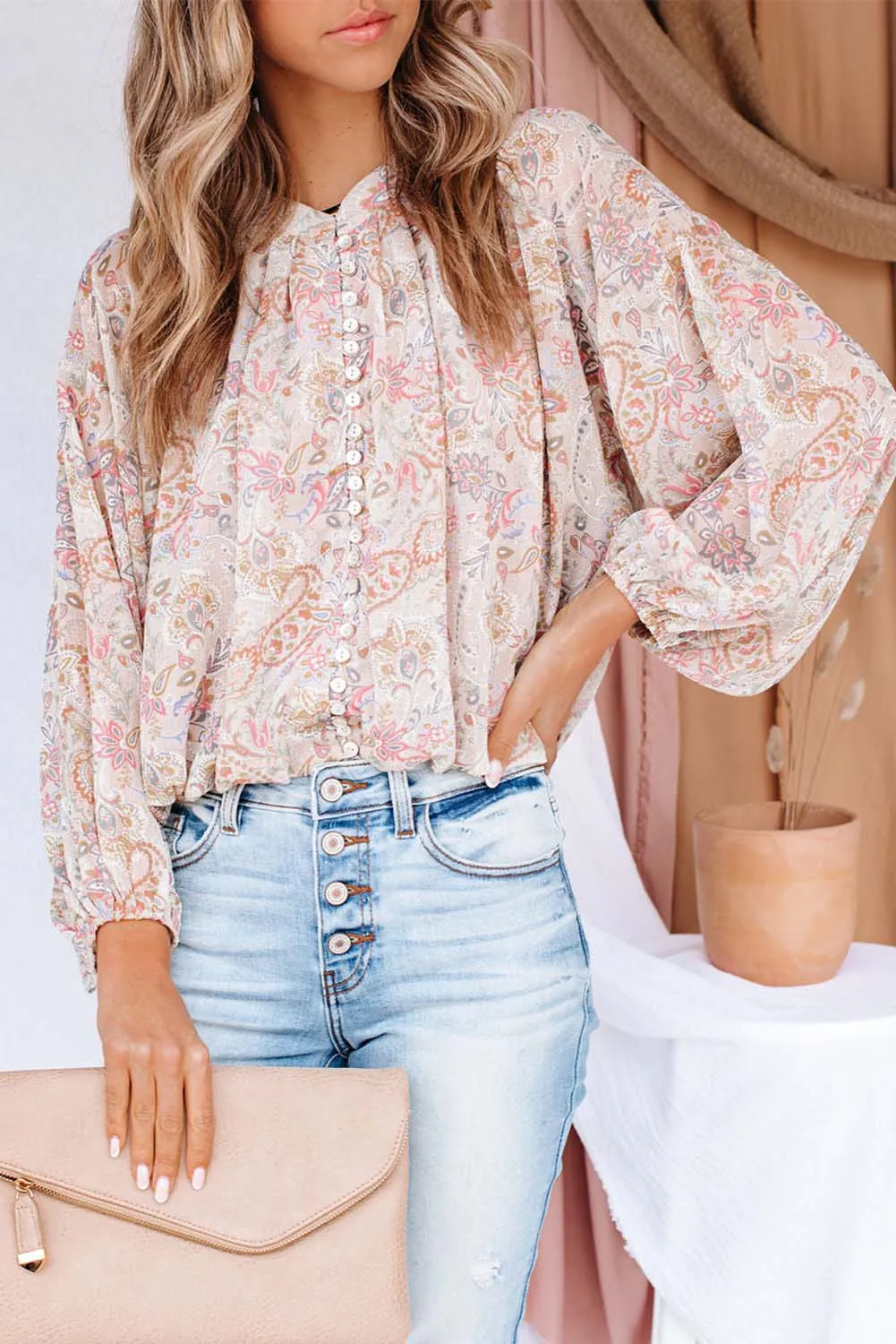 Pink Paisley Print Buttons Bubble Sleeve Crop Blouse