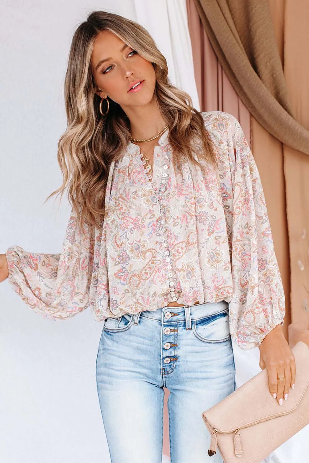 Pink Paisley Print Buttons Bubble Sleeve Crop Blouse