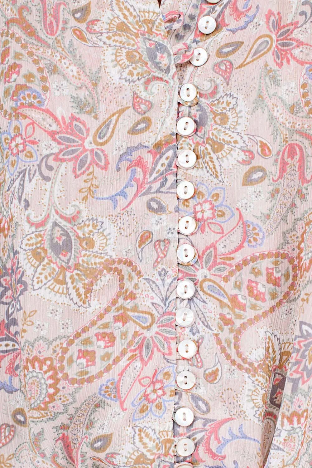 Pink Paisley Print Buttons Bubble Sleeve Crop Blouse
