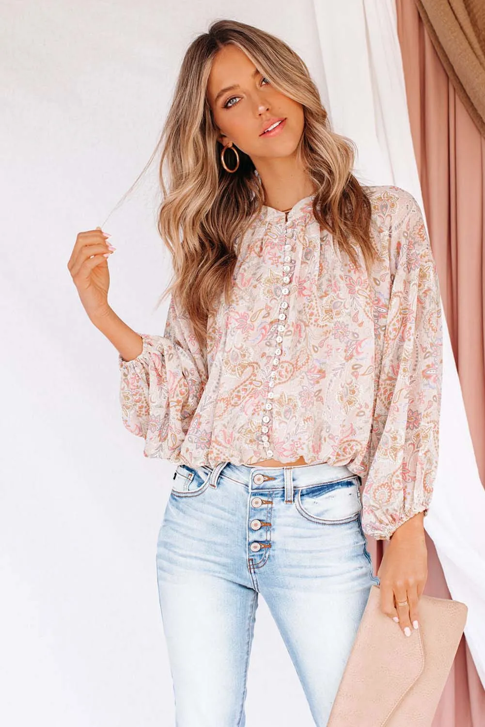 Pink Paisley Print Buttons Bubble Sleeve Crop Blouse