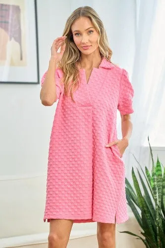 Pink Puff Texture Split Collar Dress
