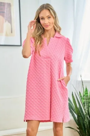 Pink Puff Texture Split Collar Dress