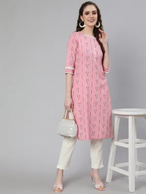 Pink Self Weaved Straight Kurta With Lace Detail And Off-White Pants