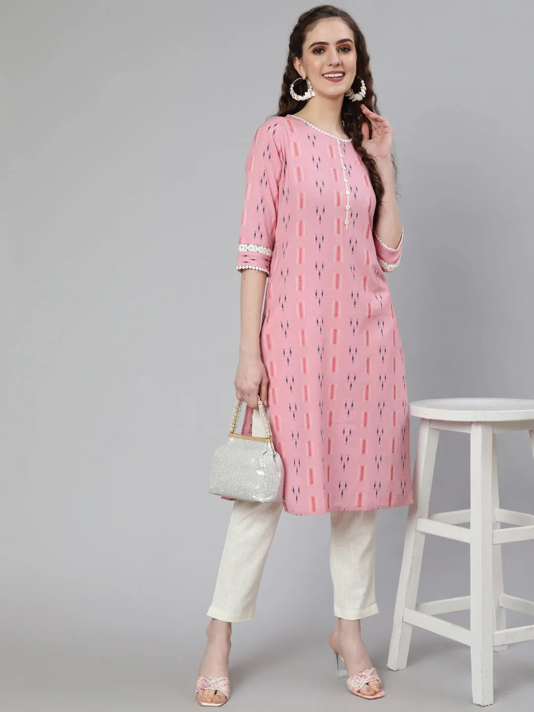Pink Self Weaved Straight Kurta With Lace Detail And Off-White Pants