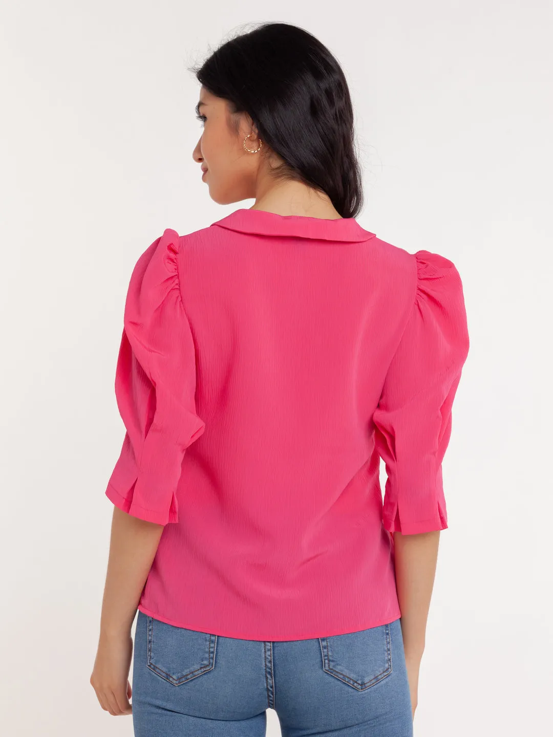 Pink Solid Puff Sleeve Top