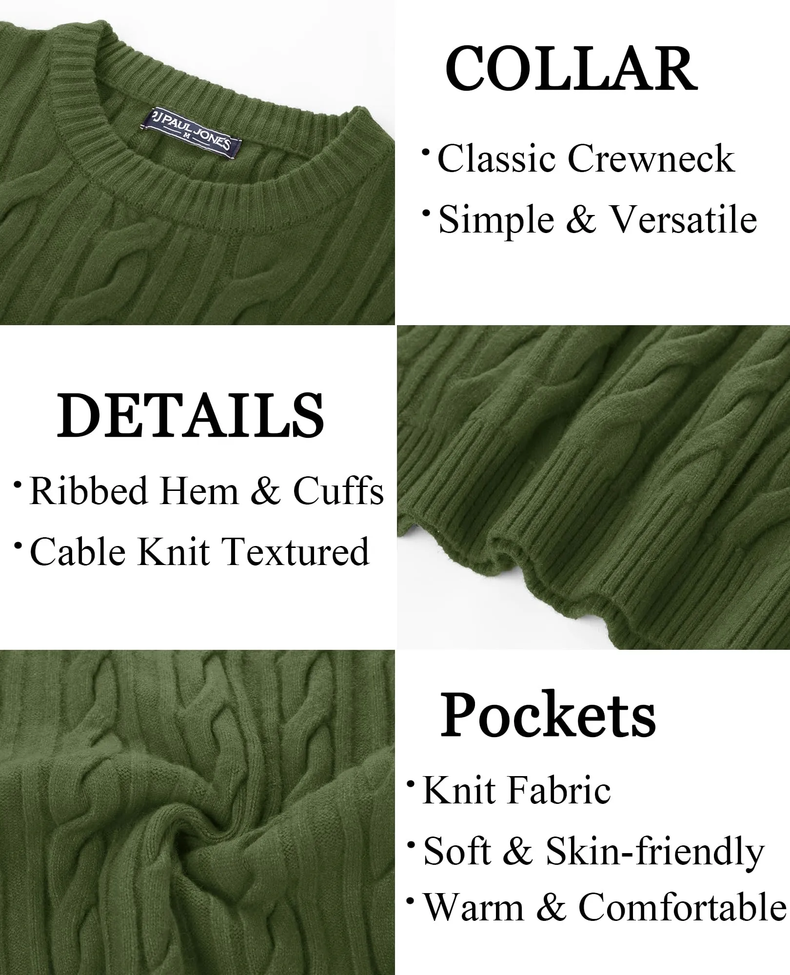 PJ PAUL JONES Mens Sweater Crewneck Cable Knit Pullover Sweater Casual Twist Textured Sweaters