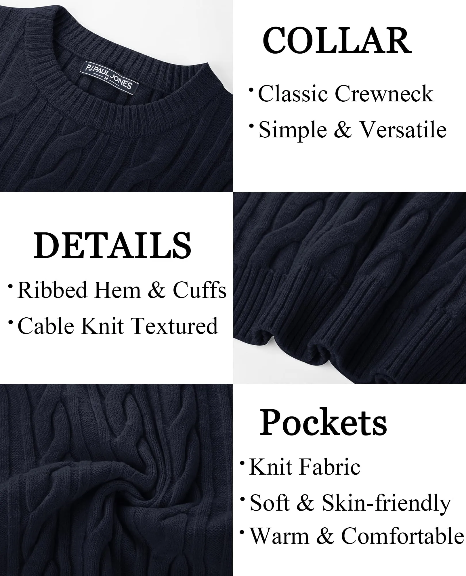 PJ PAUL JONES Mens Sweater Crewneck Cable Knit Pullover Sweater Casual Twist Textured Sweaters