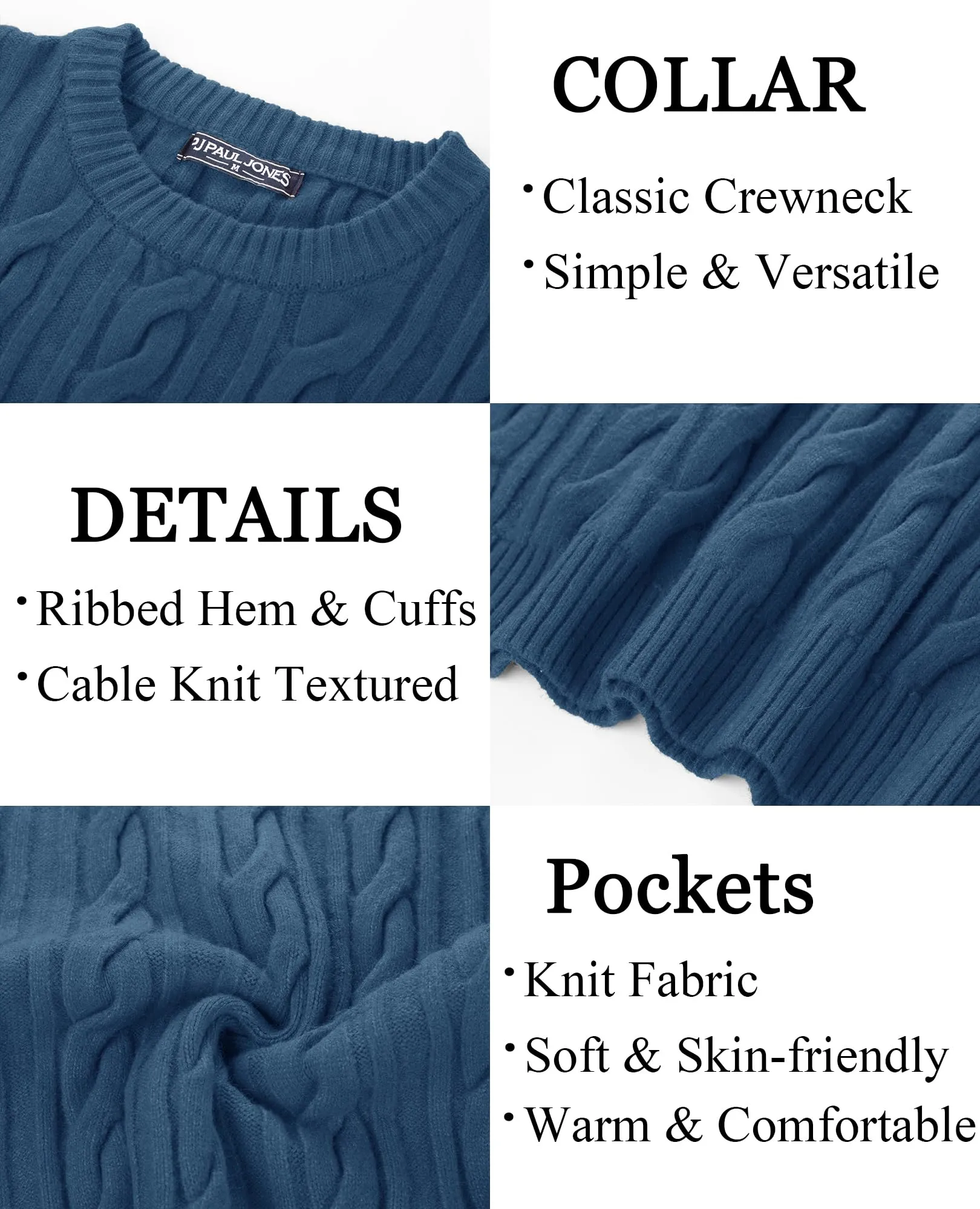 PJ PAUL JONES Mens Sweater Crewneck Cable Knit Pullover Sweater Casual Twist Textured Sweaters