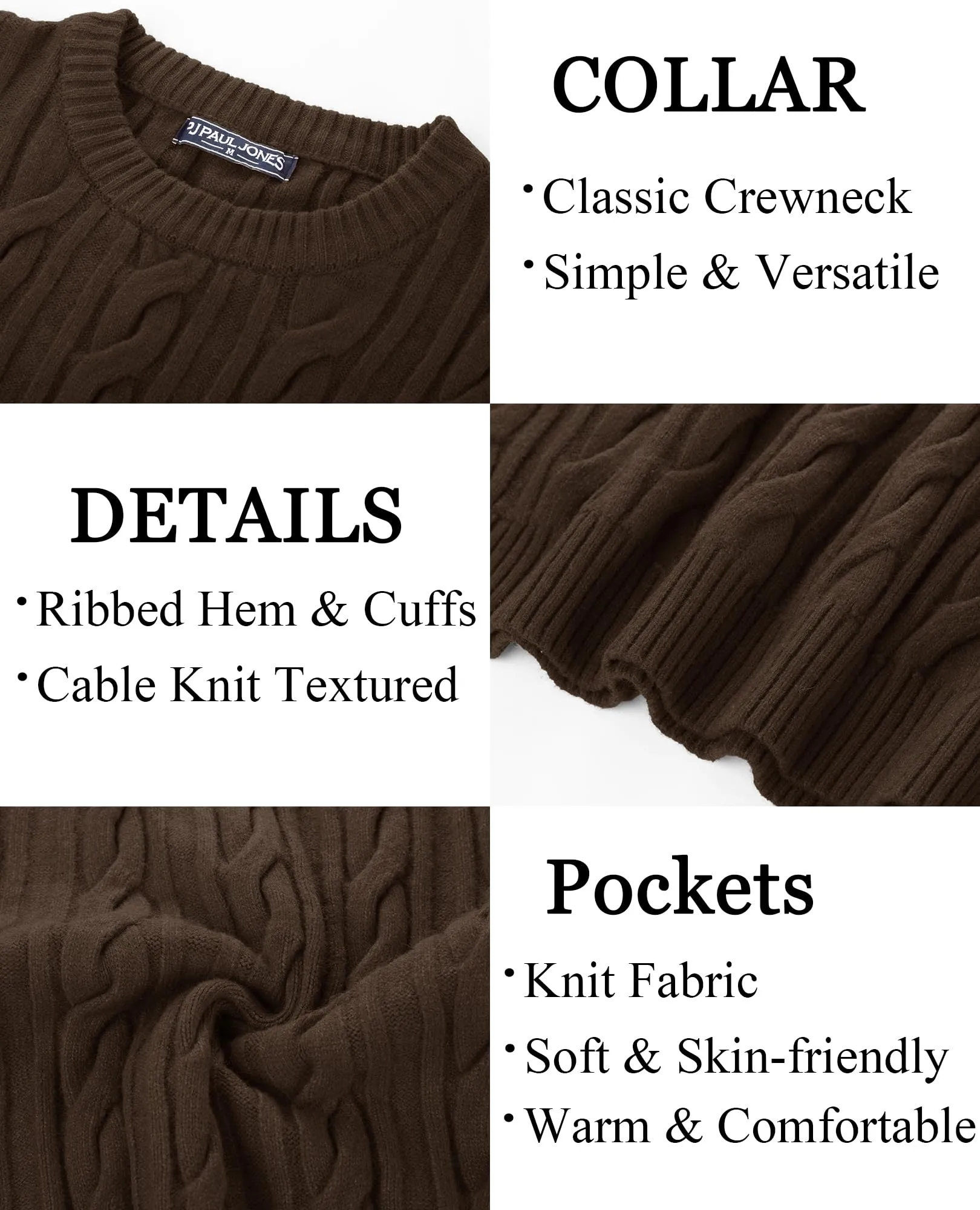 PJ PAUL JONES Mens Sweater Crewneck Cable Knit Pullover Sweater Casual Twist Textured Sweaters