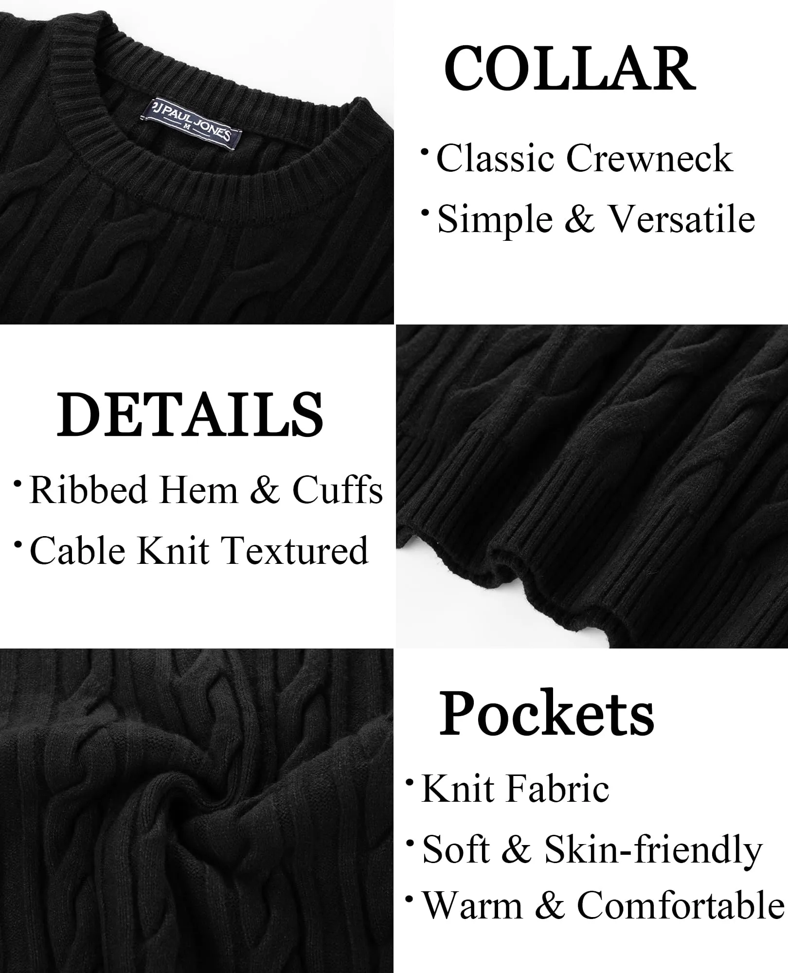PJ PAUL JONES Mens Sweater Crewneck Cable Knit Pullover Sweater Casual Twist Textured Sweaters