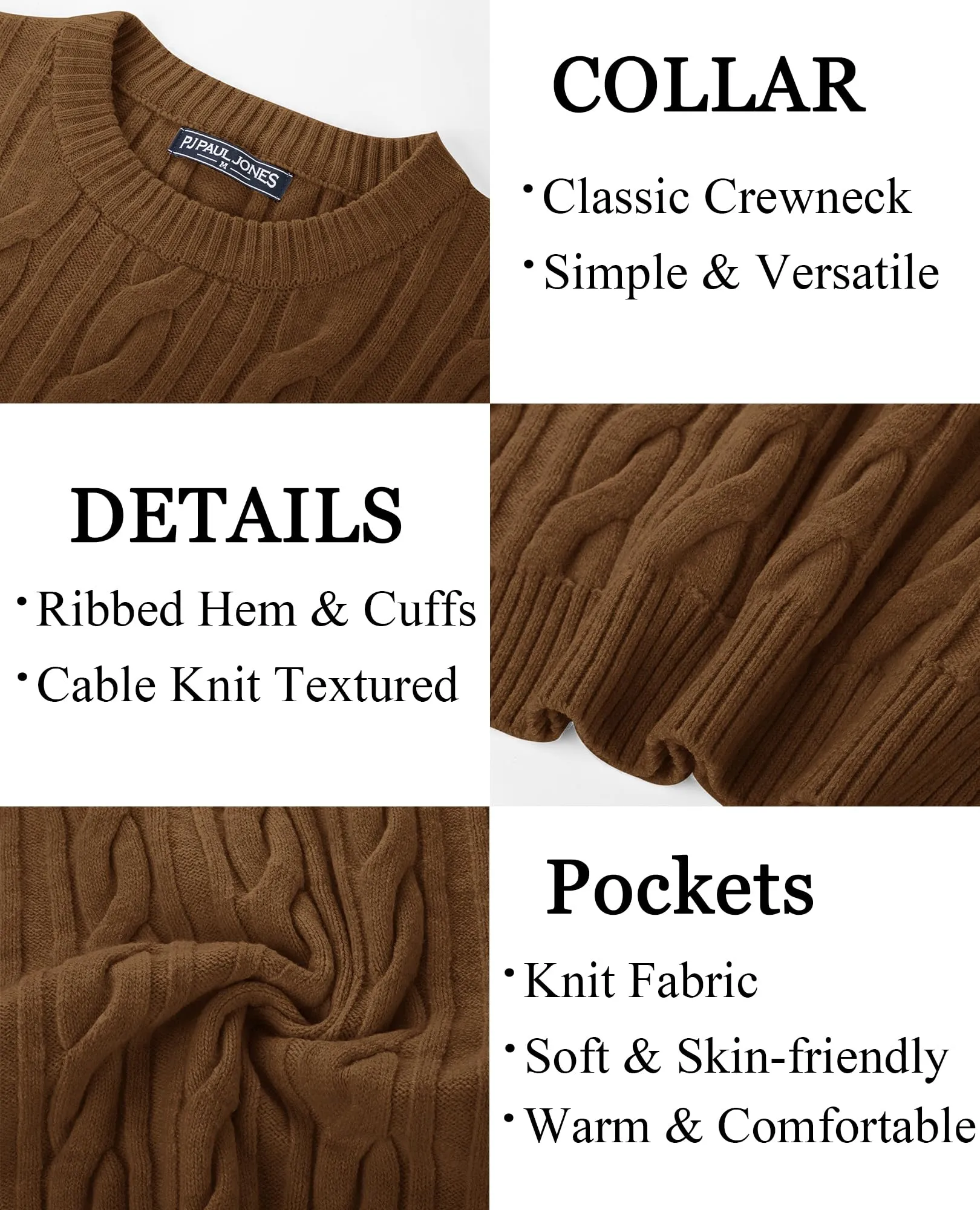PJ PAUL JONES Mens Sweater Crewneck Cable Knit Pullover Sweater Casual Twist Textured Sweaters