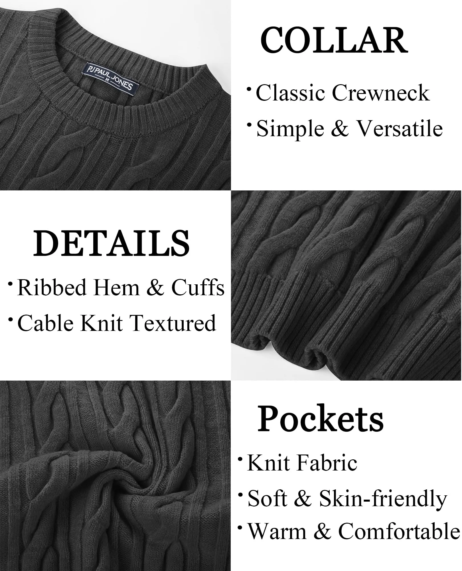 PJ PAUL JONES Mens Sweater Crewneck Cable Knit Pullover Sweater Casual Twist Textured Sweaters