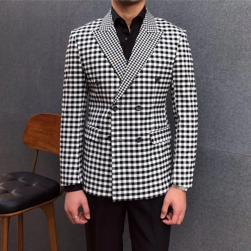 Plaid Double Breasted Blazer For Men