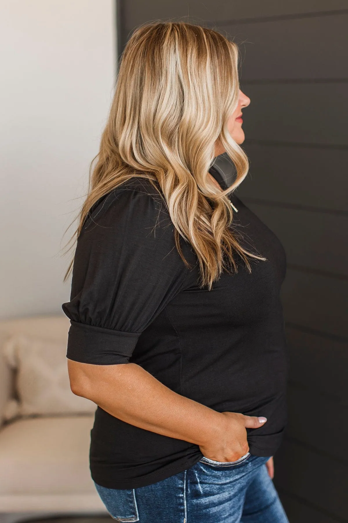 Please & Thanks Puff Sleeve Top- Black