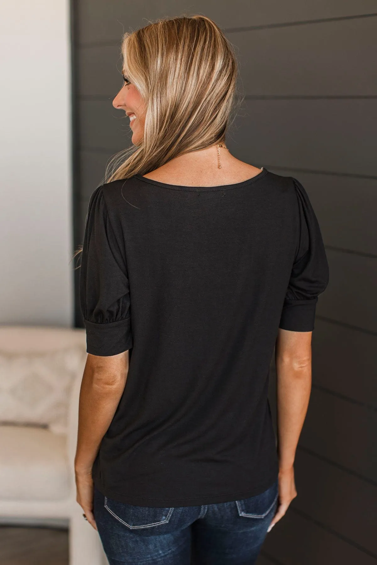 Please & Thanks Puff Sleeve Top- Black