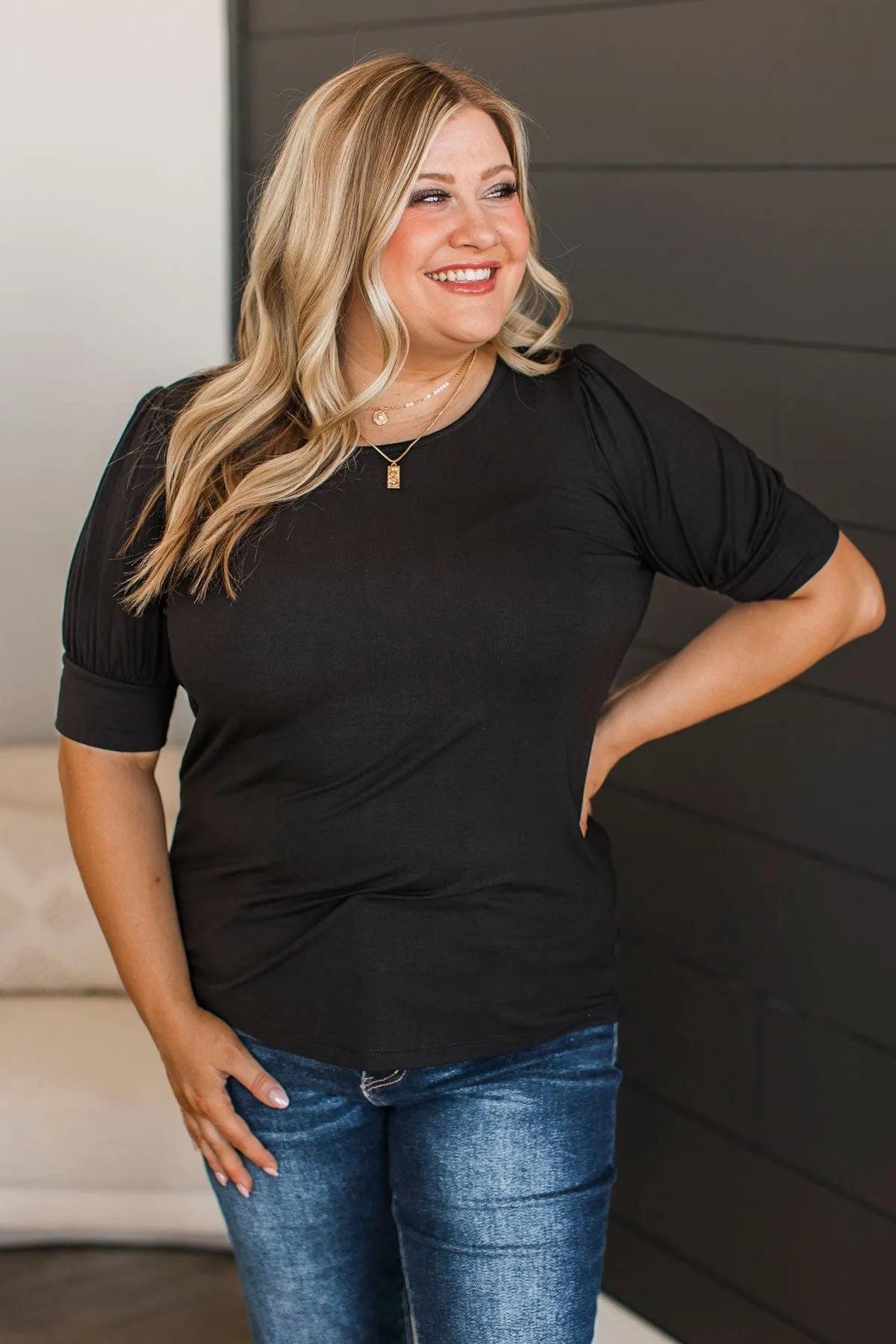 Please & Thanks Puff Sleeve Top- Black