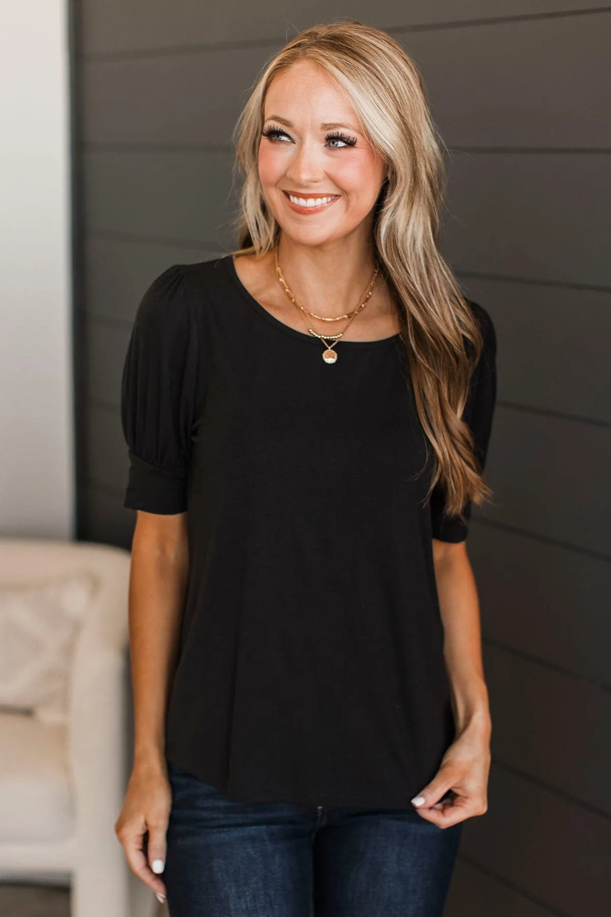 Please & Thanks Puff Sleeve Top- Black