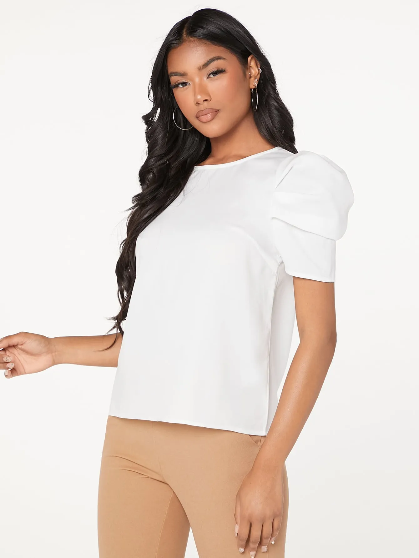 Pleated Puff Sleeve Solid Top