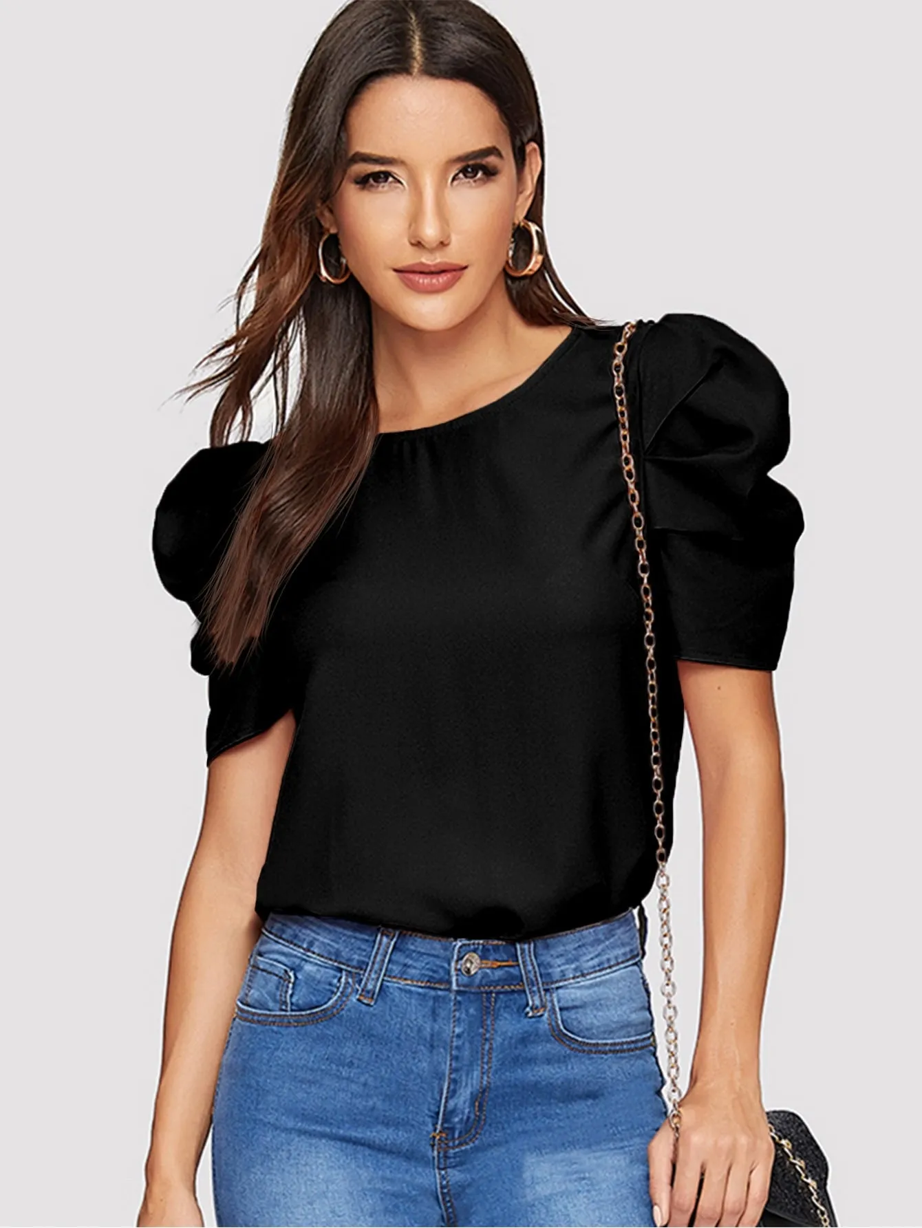 Pleated Puff Sleeve Solid Top