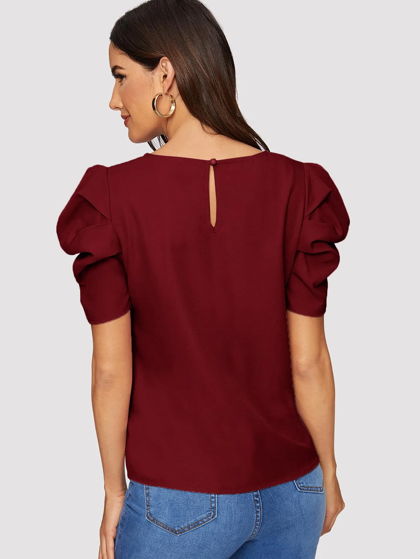 Pleated Puff Sleeve Solid Top
