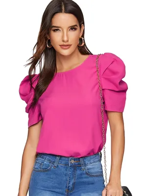 Pleated Puff Sleeve Solid Top