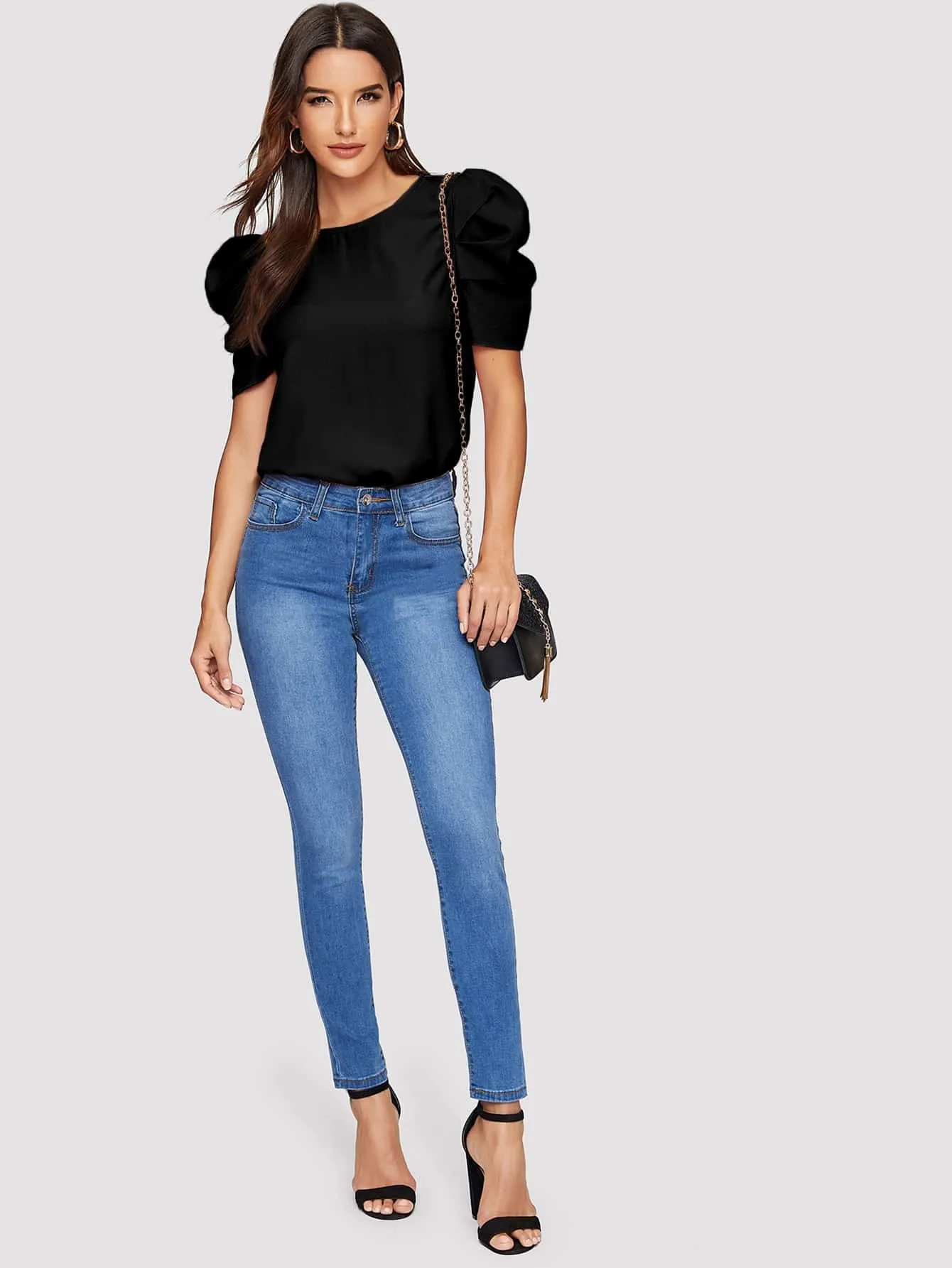 Pleated Puff Sleeve Solid Top