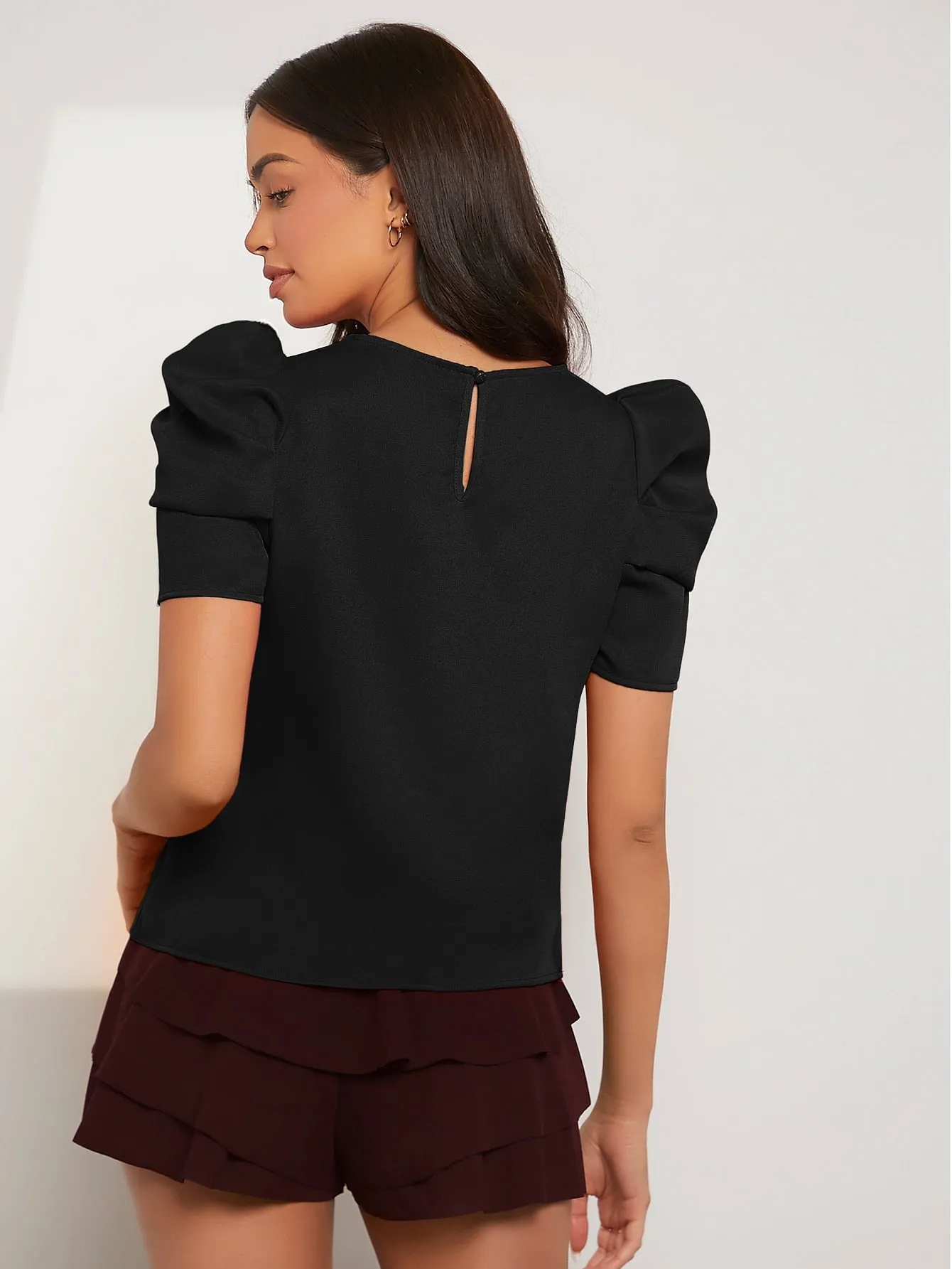 Pleated Puff Sleeve Solid Top