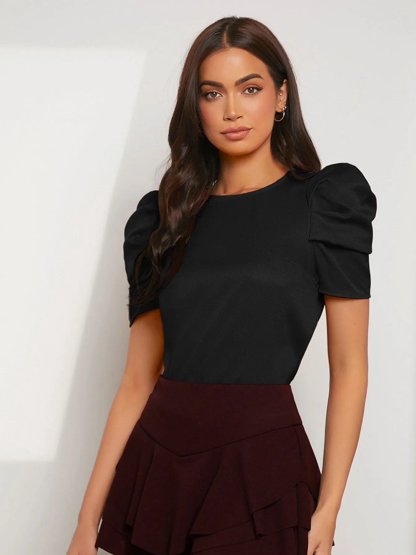 Pleated Puff Sleeve Solid Top