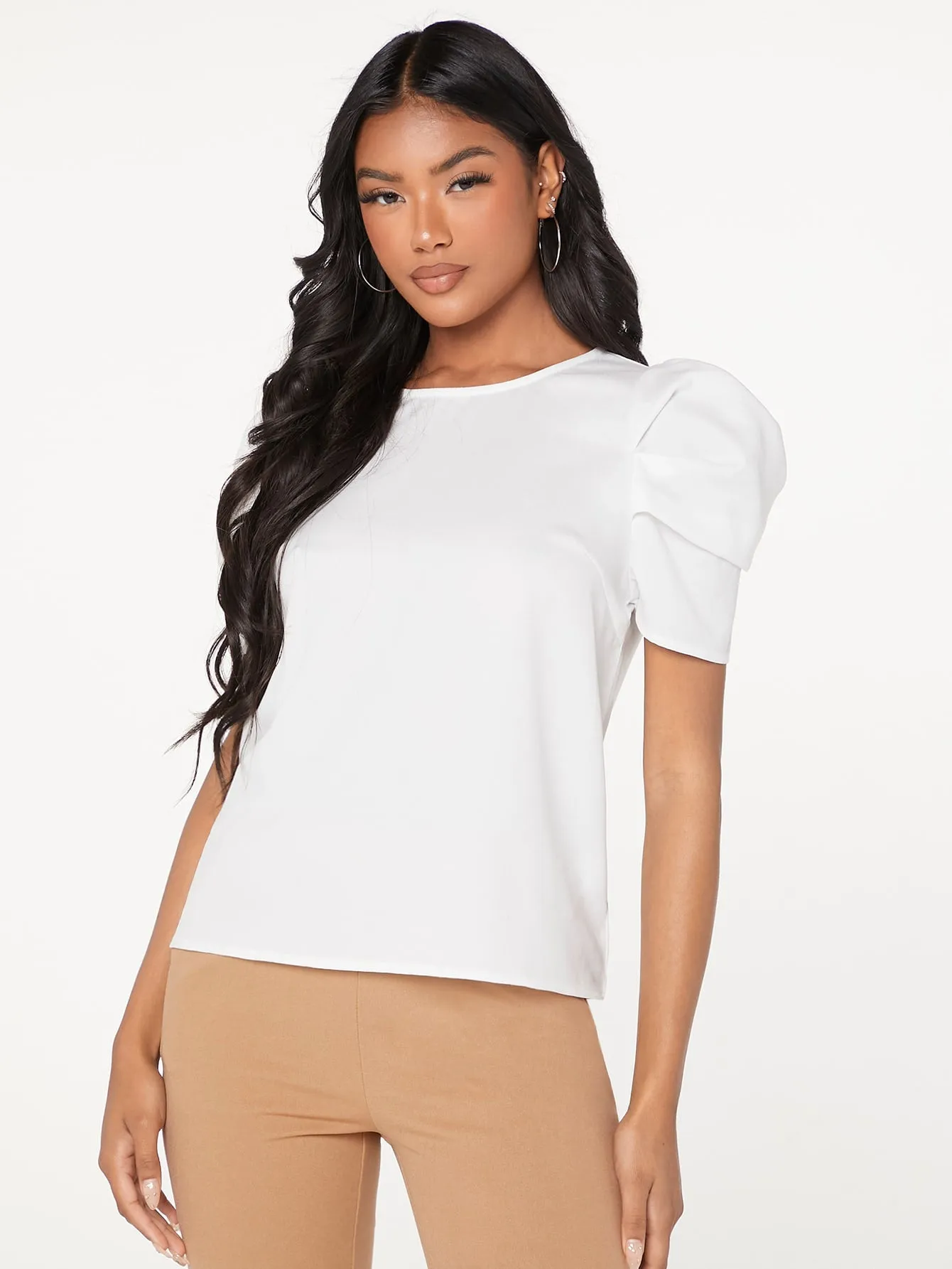Pleated Puff Sleeve Solid Top