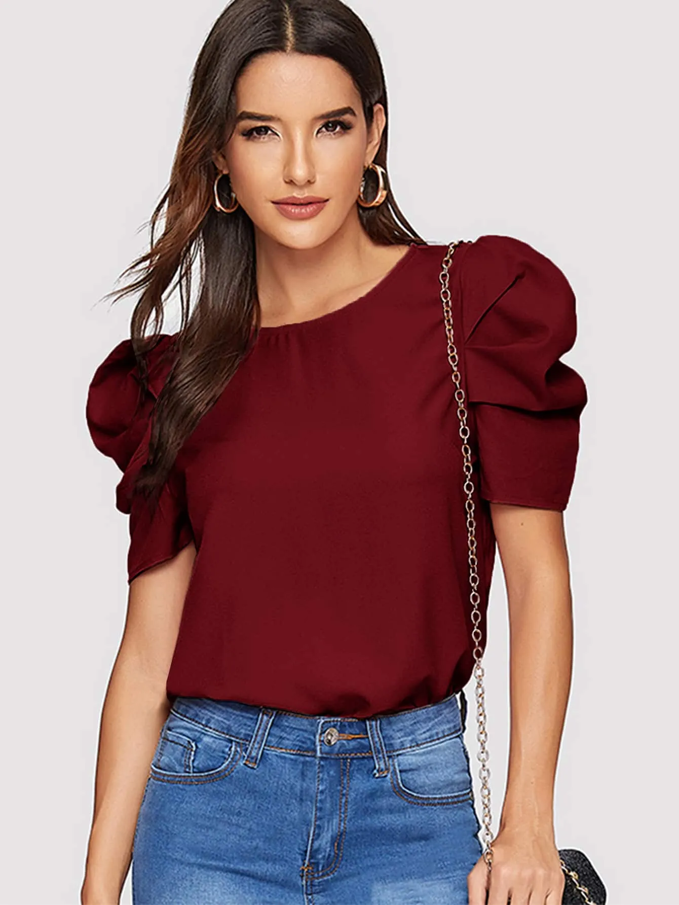 Pleated Puff Sleeve Solid Top