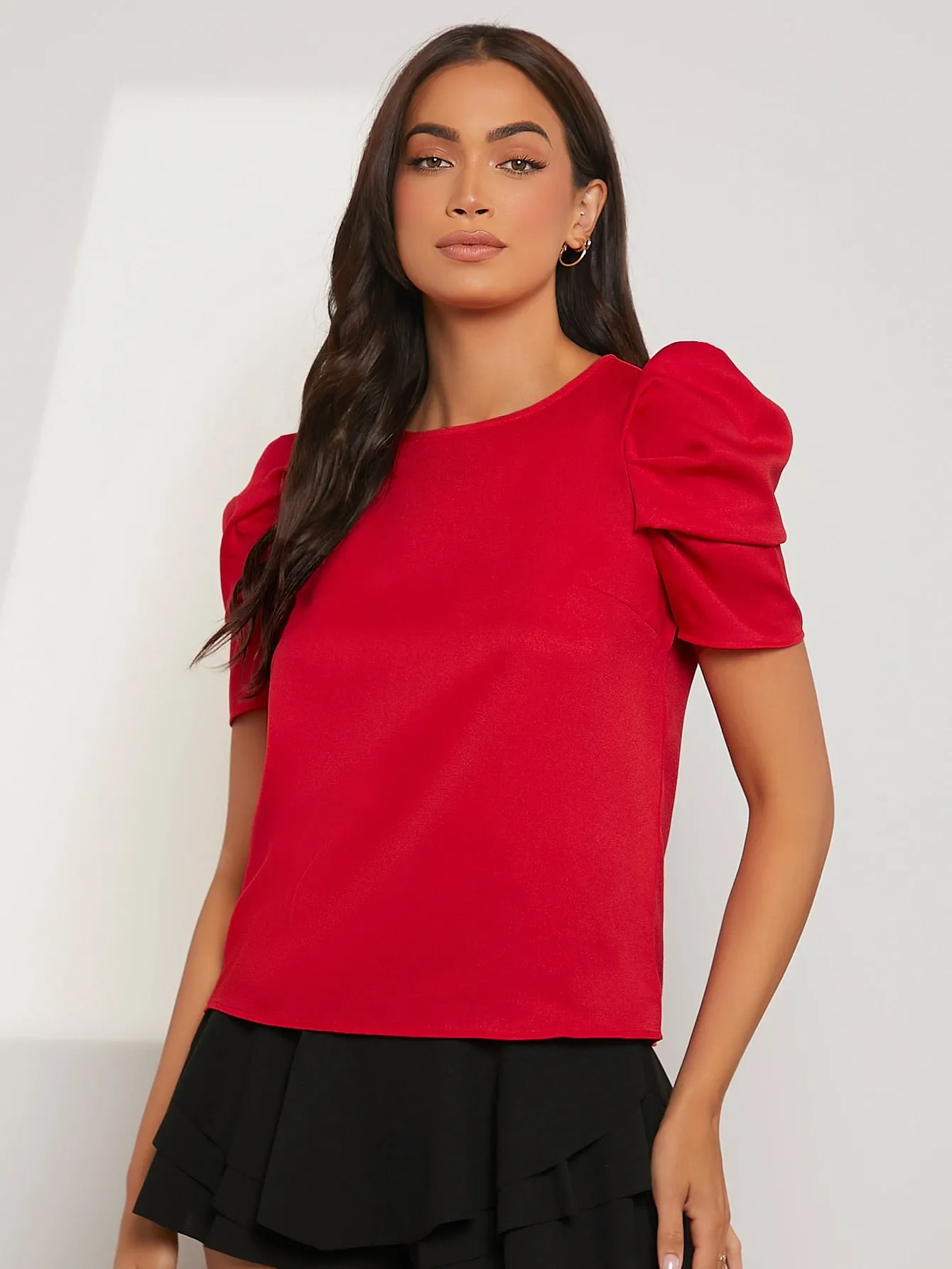 Pleated Puff Sleeve Solid Top