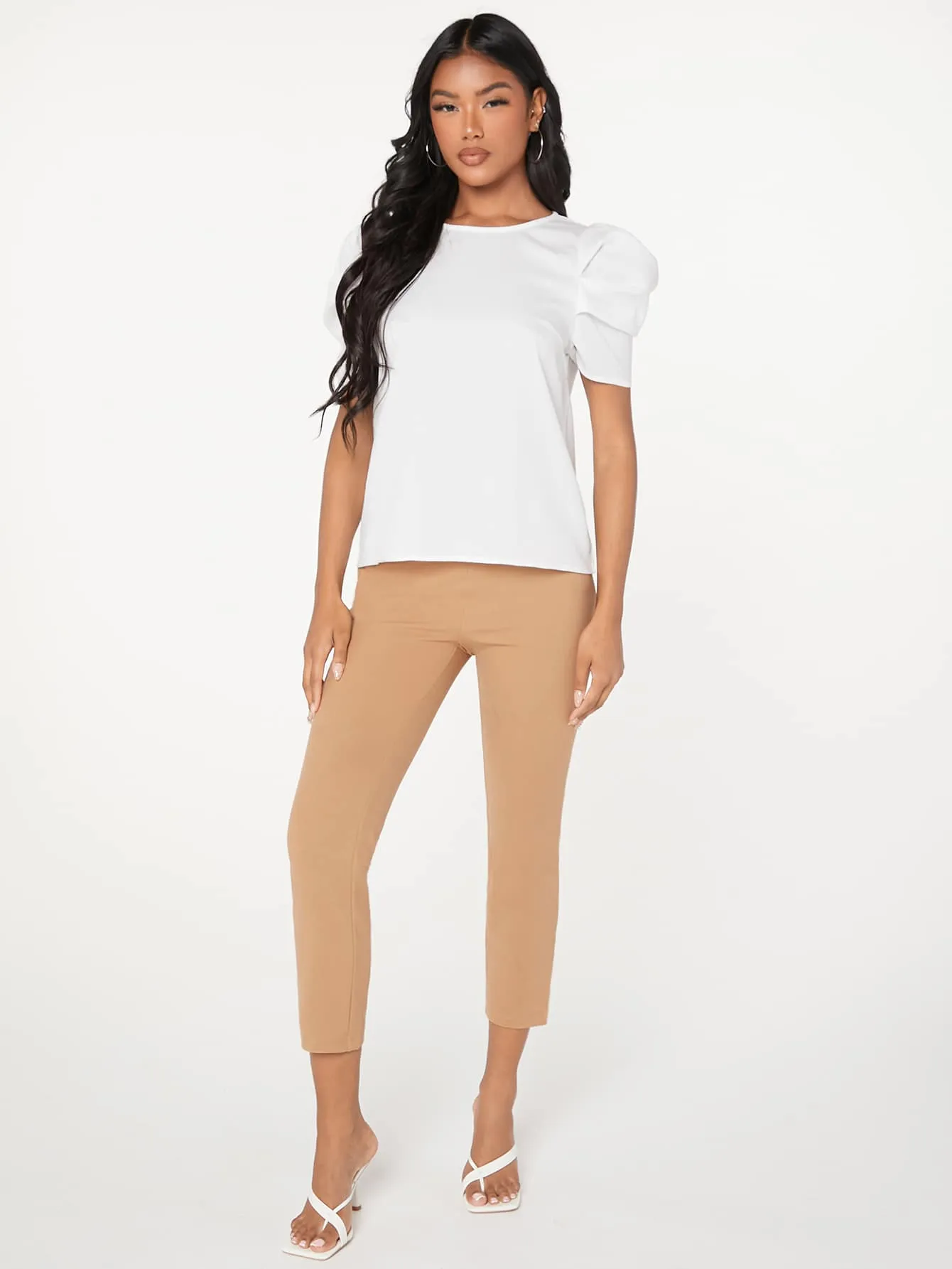 Pleated Puff Sleeve Solid Top