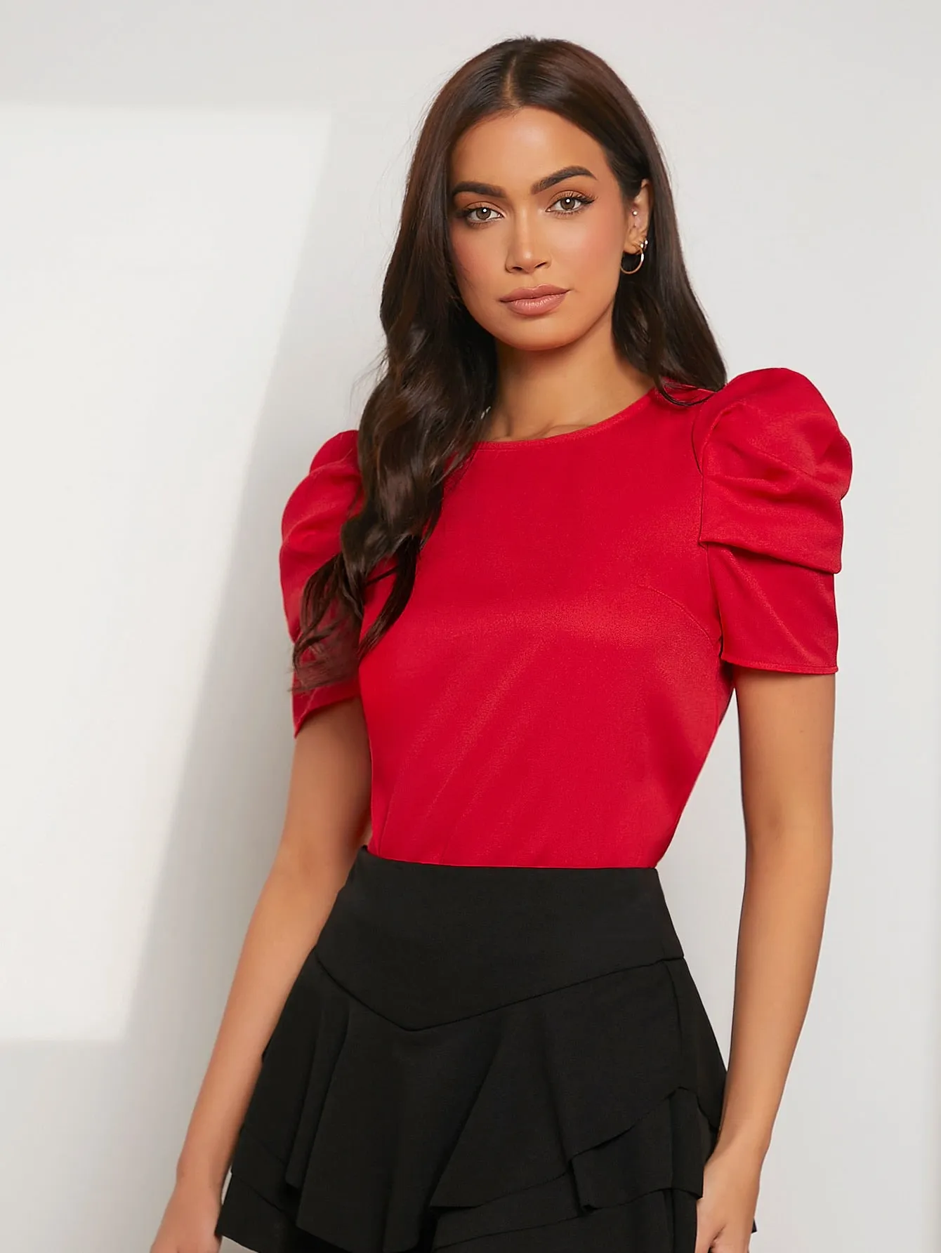 Pleated Puff Sleeve Solid Top