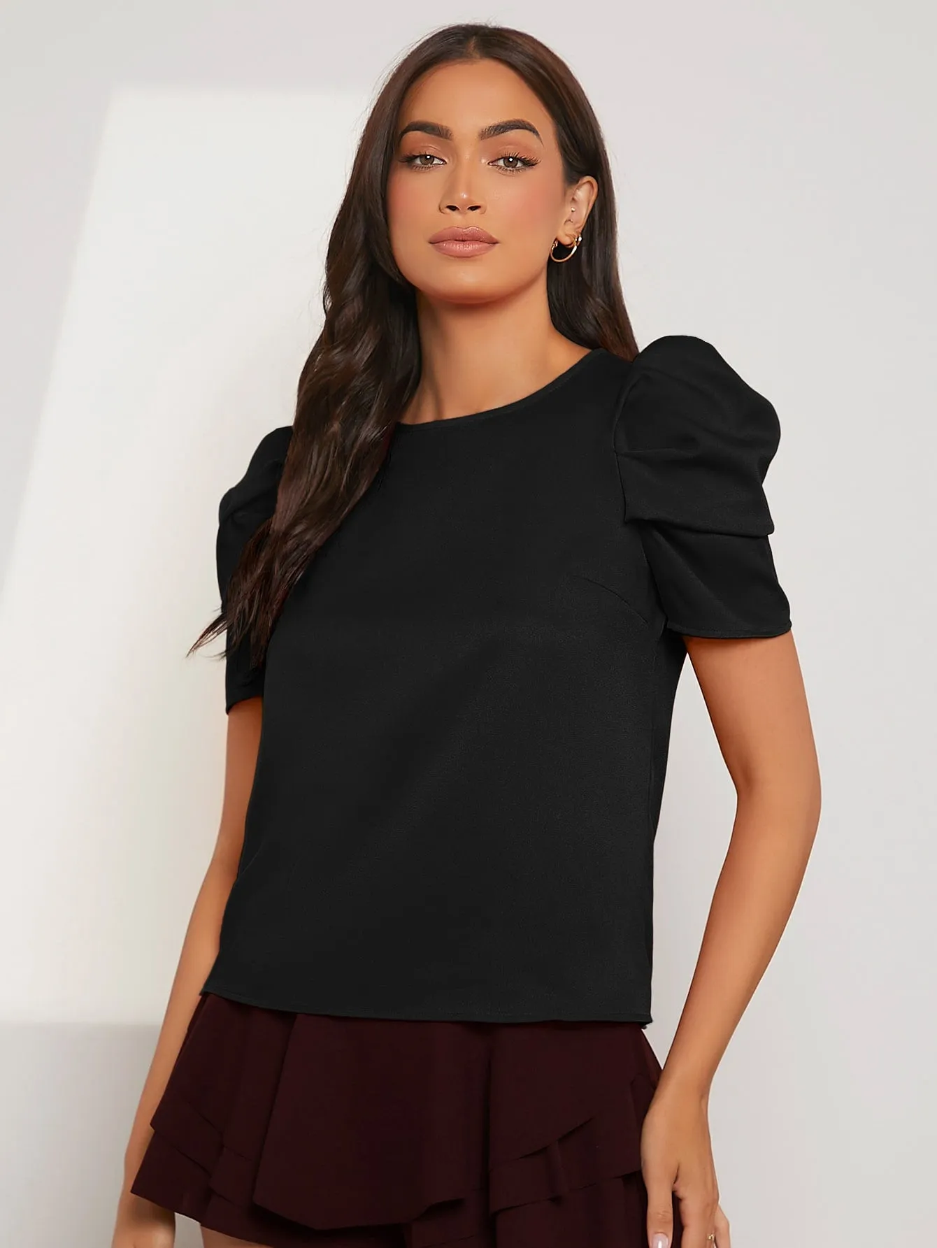 Pleated Puff Sleeve Solid Top