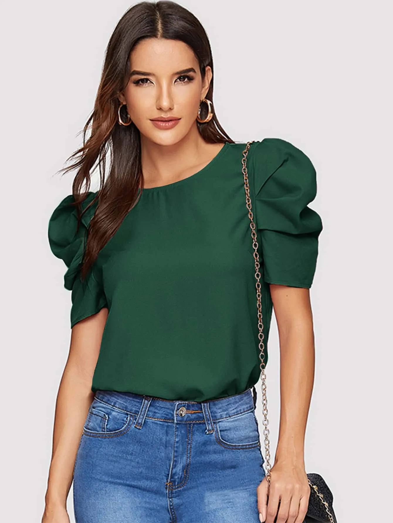 Pleated Puff Sleeve Solid Top