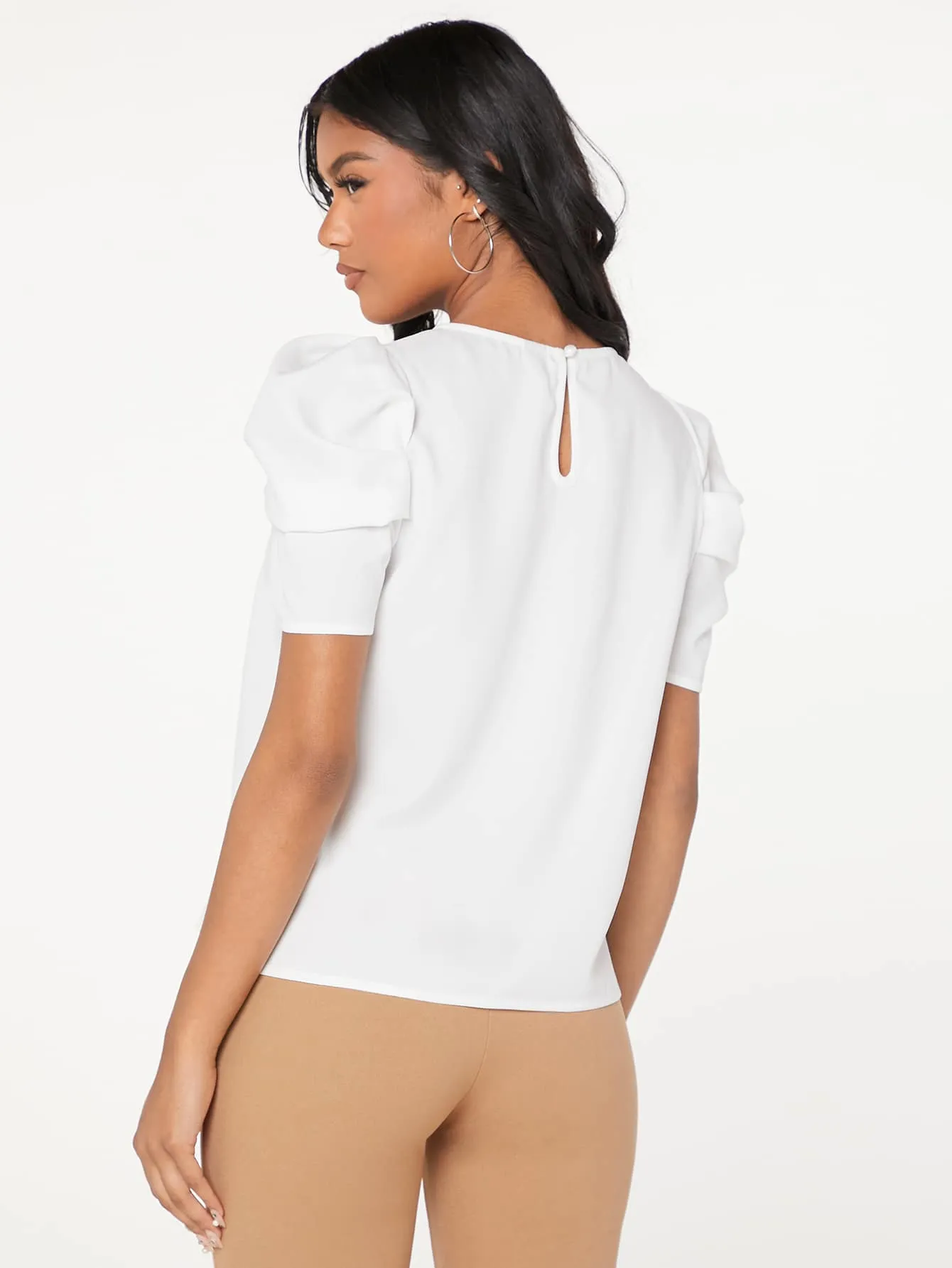 Pleated Puff Sleeve Solid Top