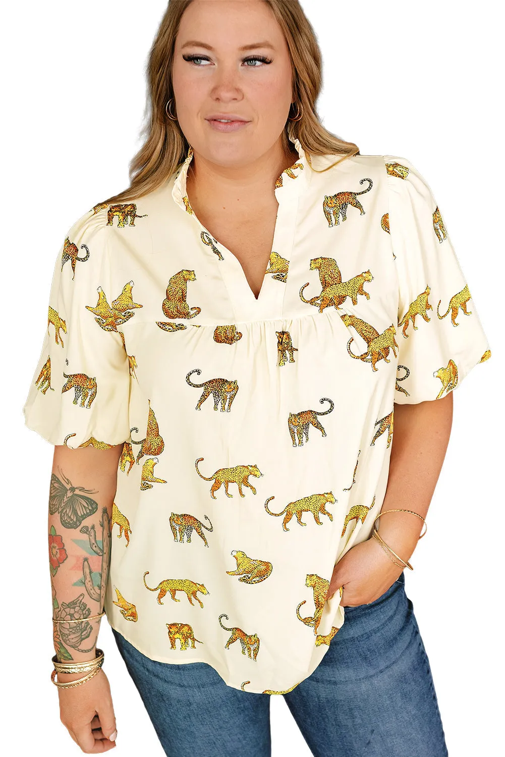 Plus Size Cheetah Puff Blouse