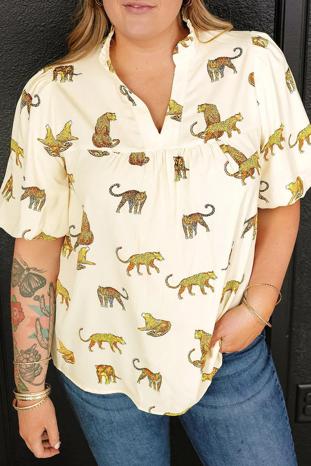 Plus Size Cheetah Puff Blouse