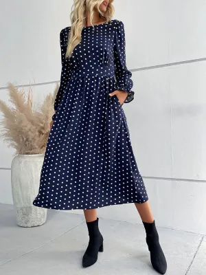 Polka Dot Midi Dress with Round Neck and Long Sleeves