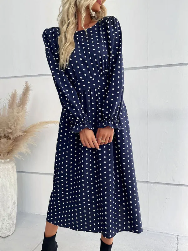 Polka Dot Midi Dress with Round Neck and Long Sleeves